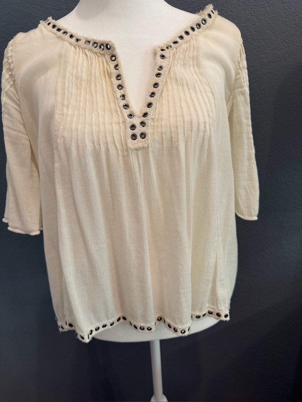 Denim & Supply Ralph Lauren Cream Boho Pleated Rivet Flutter Top M - Picture 3 of 6